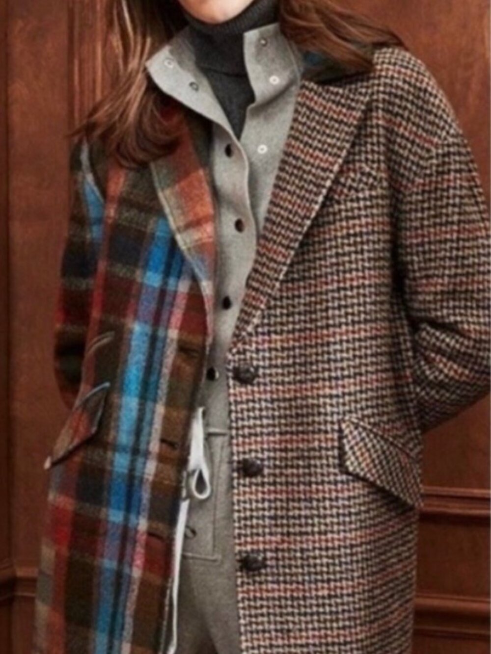 Veronica Beard India Virgin Wool Mixed Plaid Houndstooth Coat Red Tan XS Winter